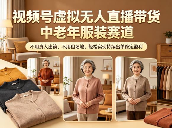 视频号虚拟无人直播带货中老年服装赛道，不用真人出镜、不用租场地，轻松实现持续出单稳定盈利-低成本创业项目大全｜短视频带货+AI副业变现｜知行创业网