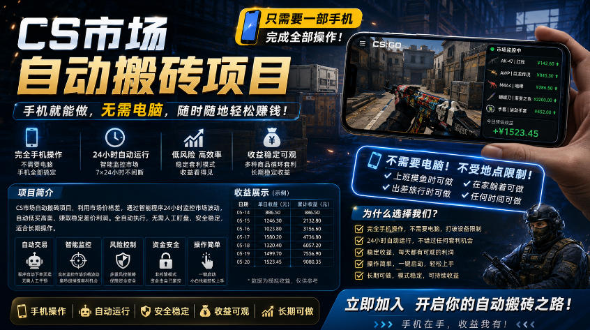 手机即可操作的CS市场自动搬砖系统｜自动监控｜自动下单|日入300+【揭秘】-低成本创业项目大全｜短视频带货+AI副业变现｜知行创业网