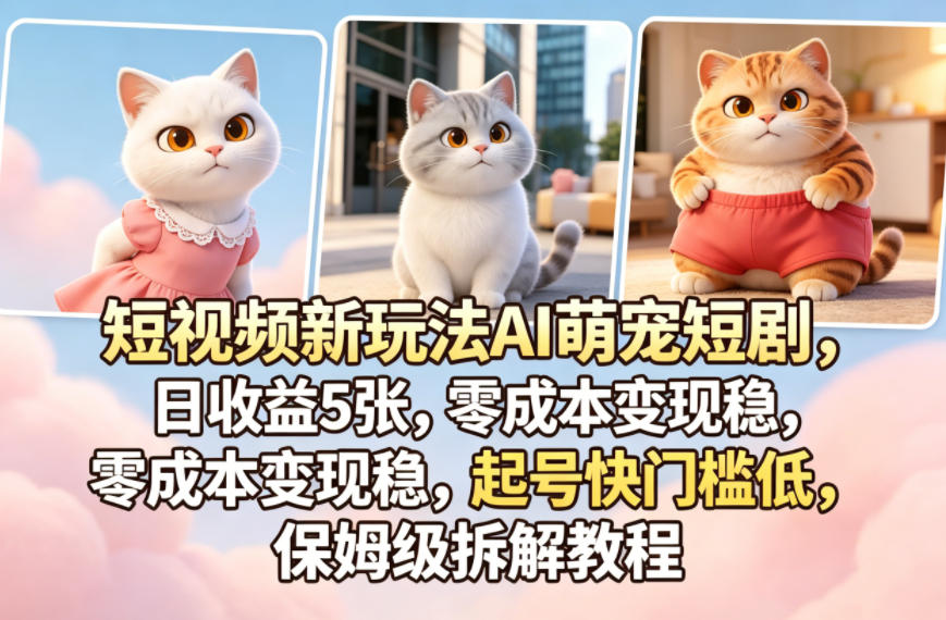 短视频新玩法AI萌宠短剧，日收益5张，零成本变现稳，起号快门槛低，保姆级拆解教程-低成本创业项目大全｜短视频带货+AI副业变现｜知行创业网
