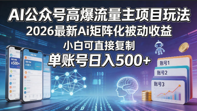 AI公众号高爆流量主项目玩法，2026最新Ai矩阵化被动收益，小白可直接复制，单账号日入500+-低成本创业项目大全｜短视频带货+AI副业变现｜知行创业网