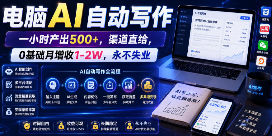 电脑AI自动写作，一小时产出500+，渠道直给，0基础月增收1-2W，永不失业【揭秘】-低成本创业项目大全｜短视频带货+AI副业变现｜知行创业网
