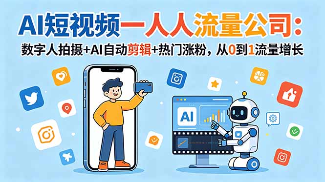 （18864期）AI短视频一人流量公司：数字人拍摄+AI自动剪辑+热门涨粉，从0到1流量增长-低成本创业项目大全｜短视频带货+AI副业变现｜知行创业网