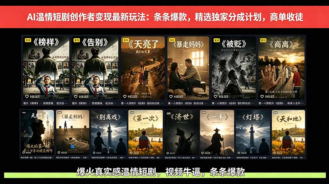 （18748期）AI温情短剧创作者变现最新玩法：视频牛逼，条条爆款，精选独家分成计划，商单收徒-低成本创业项目大全｜短视频带货+AI副业变现｜知行创业网