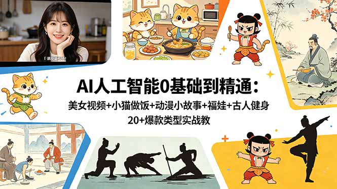 (18685期)AI人工智能0基础到精通:美女视频+小猫做饭+动漫小故事+福娃+古人健身,20+爆款类型实战教学-低成本创业项目大全|短视频带货+AI副业变现|知行创业网