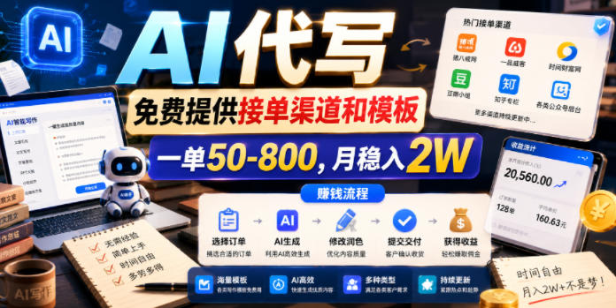 AI代写，免费提供接单渠道和模板，一单50-800，月稳入2W【揭秘】-低成本创业项目大全｜短视频带货+AI副业变现｜知行创业网