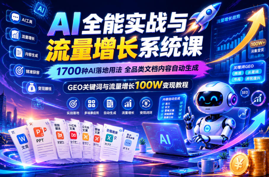 AI全能实战与流量增长系统课,1700种AI落地用法,全品类文档内容自动生成,GEO关键词与流量增长100W变现教程-低成本创业项目大全|短视频带货+AI副业变现|知行创业网