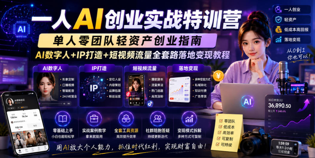 一人AI创业实战特训营,单人零团队轻资产创业指南,AI数字人+IP打造+短视频流量全套路落地变现教程-低成本创业项目大全|短视频带货+AI副业变现|知行创业网