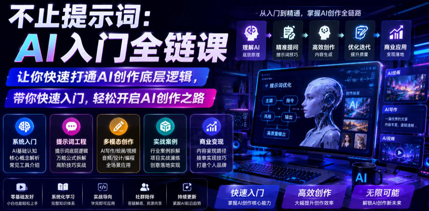不止提示词：AI入门全链课，让你快速打通AI创作底层逻辑，带你快速入门，轻松开启AI创作之路-低成本创业项目大全｜短视频带货+AI副业变现｜知行创业网