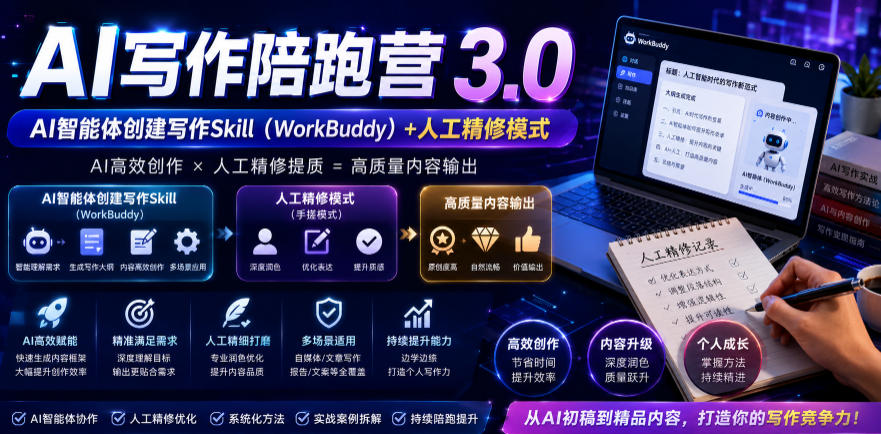 AI写作陪跑营3.0，Ai智能体创建写作skill（workbuddy）+人工手写模式（手搓模式），去除AI痕迹（头条号、公众号、百家号）-低成本创业项目大全｜短视频带货+AI副业变现｜知行创业网