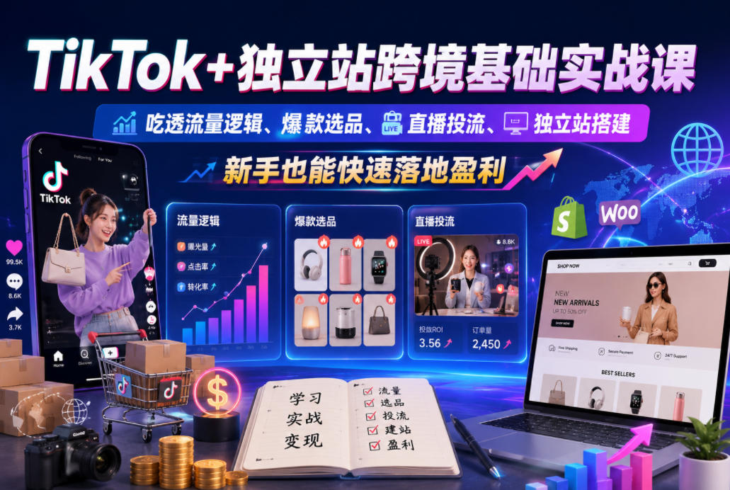 TikTok+独立站跨境基础实战课,吃透流量逻辑、爆款选品、直播投流与独立站搭建,新手也能快速落地盈利-低成本创业项目大全|短视频带货+AI副业变现|知行创业网
