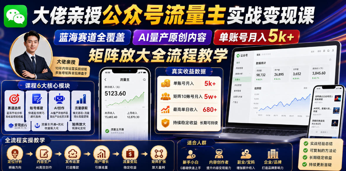 大佬亲授公众号流量主实战变现课，蓝海赛道全覆盖，AI量产原创内容，单账号月入5k+矩阵放大全流程教学-低成本创业项目大全｜短视频带货+AI副业变现｜知行创业网