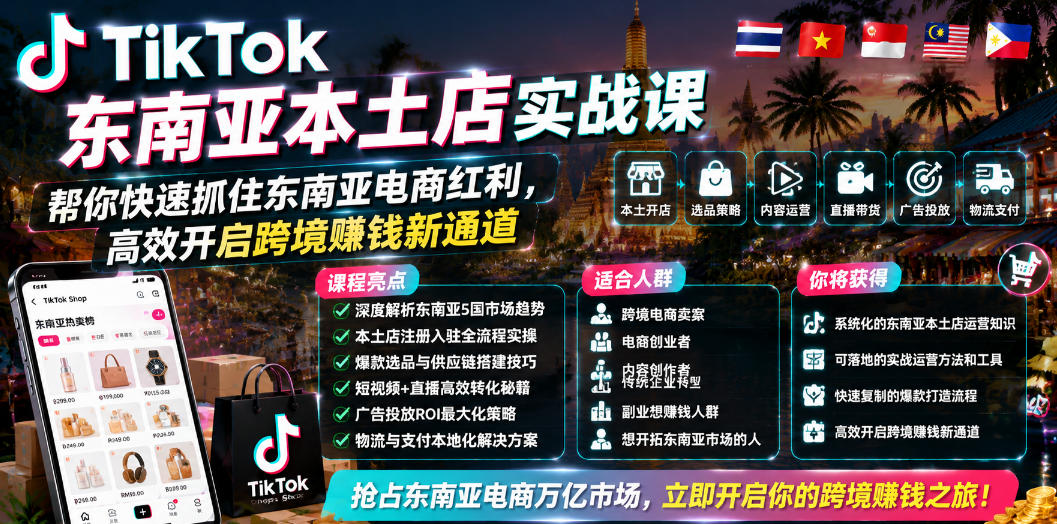 TikTok东南亚本土店实战课,帮你快速抓住东南亚电商红利,高效开启跨境賺钱新通道-低成本创业项目大全|短视频带货+AI副业变现|知行创业网