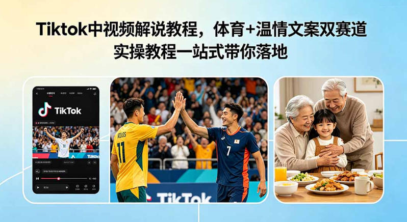Tiktok中视频解说教程，体育+温情文案双赛道实操教程一站式带你落地，教你出海賺美刀-低成本创业项目大全｜短视频带货+AI副业变现｜知行创业网
