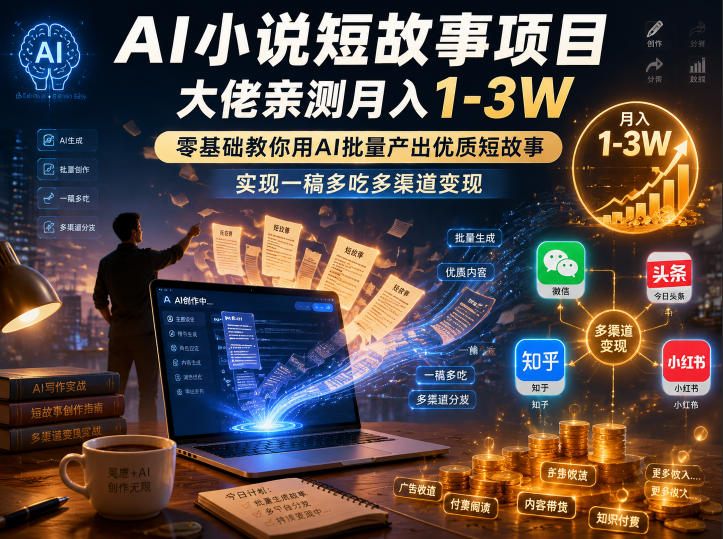 AI小说短故事项目,大佬亲测月入1-3W,零基础教你用AI批量产出优质短故事,实现一稿多吃多渠道变现-低成本创业项目大全|短视频带货+AI副业变现|知行创业网