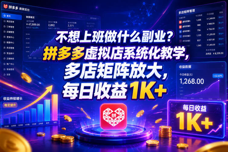 不想上班做什么副业？拼多多虚拟店系统化教学，多店矩阵放大，每日收益1K+【揭秘】-低成本创业项目大全｜短视频带货+AI副业变现｜知行创业网