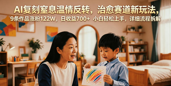 AI复刻窒息温情反转，治愈赛道新玩法，9条作品涨粉122W，日收益700+ 小白轻松上手，详细流程拆解-低成本创业项目大全｜短视频带货+AI副业变现｜知行创业网