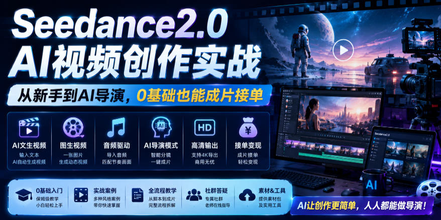 Seedance2.0 AI视频创作实战，从新手到AI导演，0基础也能成片接单变现-低成本创业项目大全｜短视频带货+AI副业变现｜知行创业网