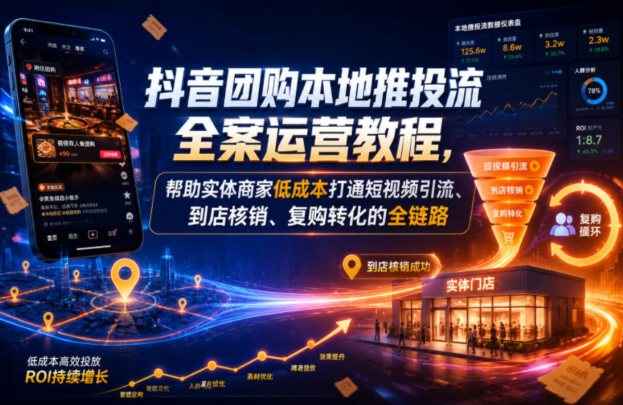 抖音团购本地推投流全案运营教程,帮助实体商家低成本打通短视频引流、到店核销、复购转化的全链路-低成本创业项目大全|短视频带货+AI副业变现|知行创业网