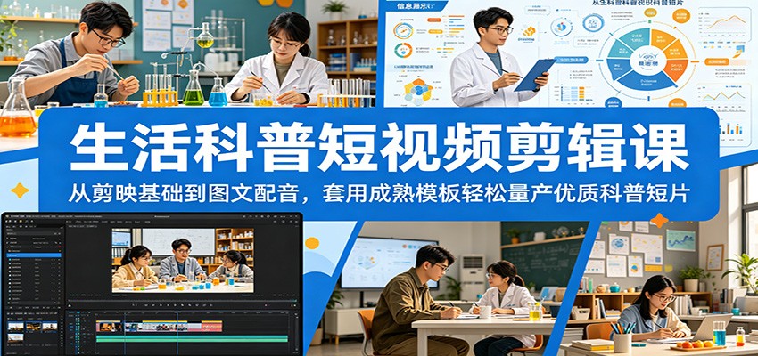生活科普短视频剪辑课：从剪映基础到图文配音，套用成熟模板轻松量产优质科普短片-低成本创业项目大全｜短视频带货+AI副业变现｜知行创业网