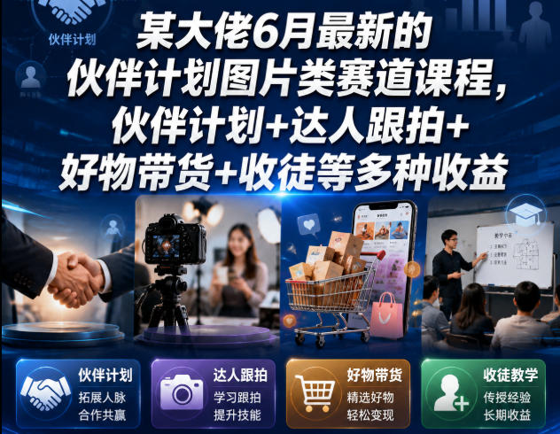 某大佬6月最新的伙伴计划图片类赛道课程，伙伴计划+达人跟拍+好物带货+收徒等多种收益-低成本创业项目大全｜短视频带货+AI副业变现｜知行创业网