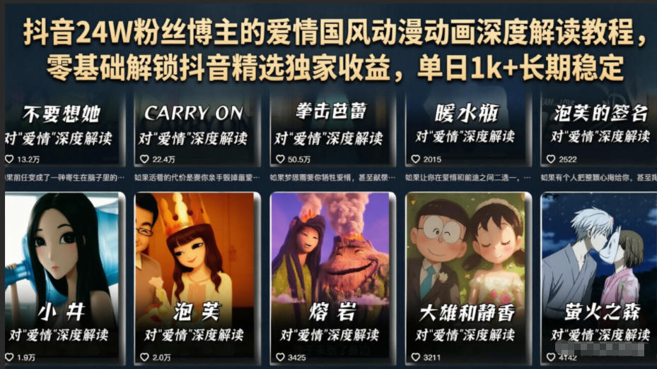 抖音24W粉丝博主的爱情国风动漫动画深度解读教程，零基础解锁抖音精选独家收益，单日1k+长期稳定-低成本创业项目大全｜短视频带货+AI副业变现｜知行创业网
