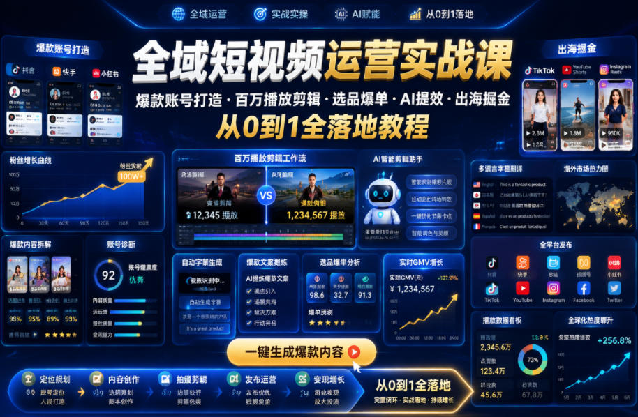 全域短视频运营实战课，爆款账号打造・百万播放剪辑・选品爆单・AI提效・出海掘金，从0到1全落地教程-低成本创业项目大全｜短视频带货+AI副业变现｜知行创业网