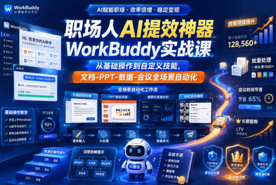 职场人AI提效神器WorkBuddy实战课,从基础操作到自定义技能,文档-PPT-数据-会议全场景自动化-低成本创业项目大全|短视频带货+AI副业变现|知行创业网