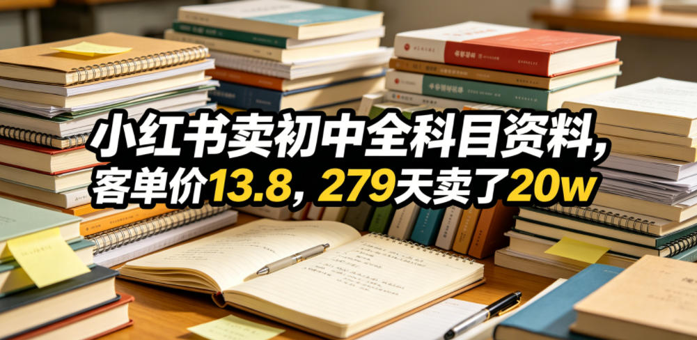 小红书卖初中全科目资料,客单价13.8,279天卖了20w-低成本创业项目大全|短视频带货+AI副业变现|知行创业网