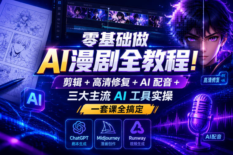 零基础做AI漫剧全教程!剪辑+高清修复+AI配音+三大主流AI工具实操,一套课全搞定-低成本创业项目大全|短视频带货+AI副业变现|知行创业网