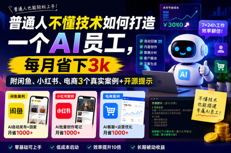 普通人不懂技术如何打造一个AI员工,每月省下3k,附闲鱼、小红书、电商3个真实案例+开源提示【文档】-低成本创业项目大全|短视频带货+AI副业变现|知行创业网