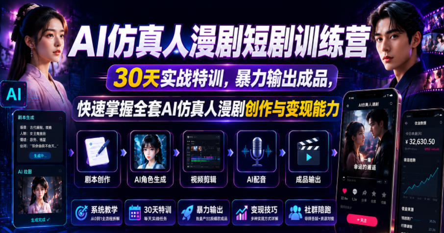 AI仿真人漫剧短剧训练营，30天实战特训，暴力输出成品，快速掌握全套AI仿真人漫剧创作与变现能力-低成本创业项目大全｜短视频带货+AI副业变现｜知行创业网