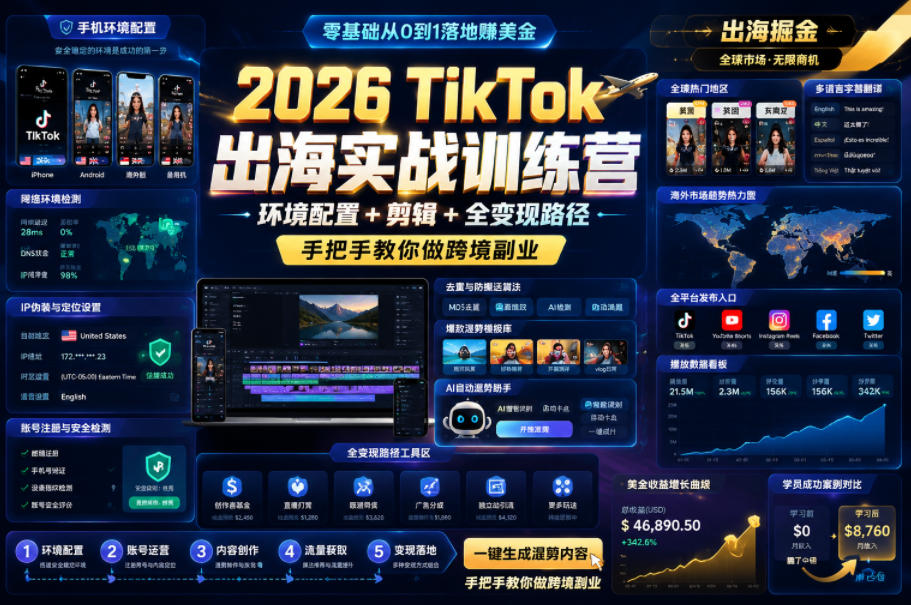 2026 TikTok出海实战训练营,环境配置 + 剪辑 + 全变现路径,手把手教你做跨境副业-低成本创业项目大全|短视频带货+AI副业变现|知行创业网