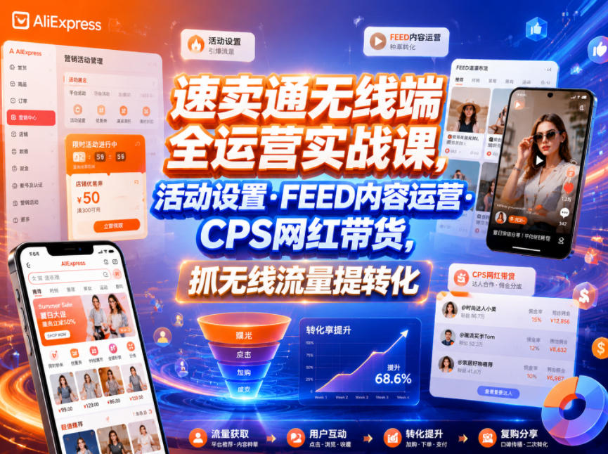 速卖通无线端全运营实战课,活动设置・FEED内容运营・CPS网红带货,抓无线流量提转化-低成本创业项目大全|短视频带货+AI副业变现|知行创业网