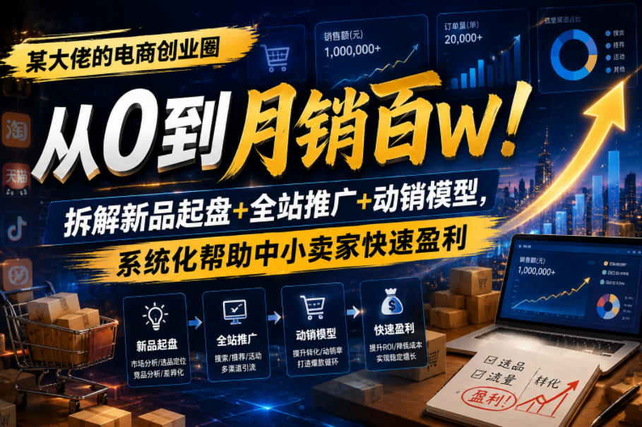 某大佬的电商创业圈从0到月销百W!拆解新品起盘+全站推广+动销模型,系统化帮助中小卖家快速盈利-低成本创业项目大全|短视频带货+AI副业变现|知行创业网