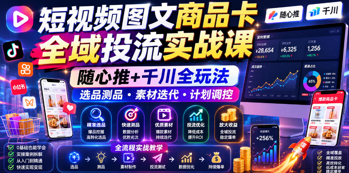短视频图文商品卡全域投流实战课，随心推+千川全玩法，选品测品・素材迭代・计划调控，提升ROI爆单增收教程-低成本创业项目大全｜短视频带货+AI副业变现｜知行创业网