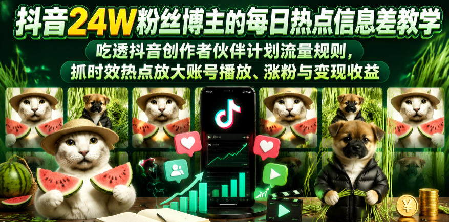 抖音24W粉丝博主的每日热点信息差教学，吃透创作者伙伴计划流量规则，抓时效热点放大账号播放、涨粉与变现收益-低成本创业项目大全｜短视频带货+AI副业变现｜知行创业网