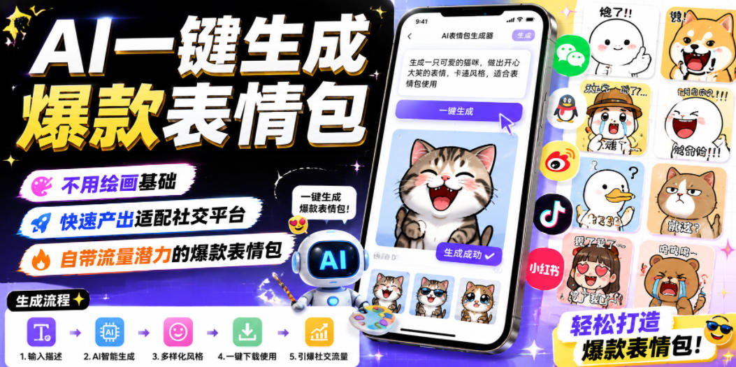 AI一键生成爆款表情包,不用绘画基础,快速产出适配社交平台,自带流量潜力的爆款表情包-低成本创业项目大全|短视频带货+AI副业变现|知行创业网
