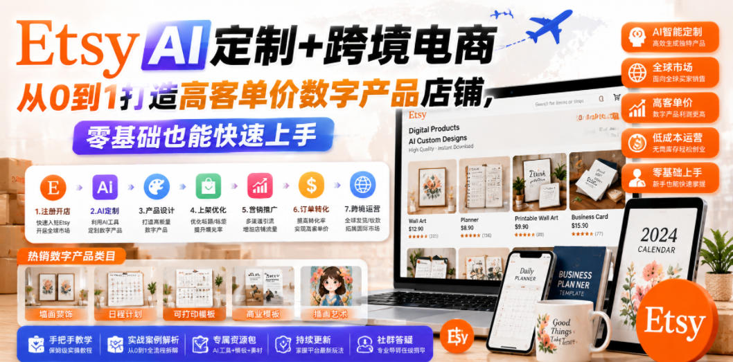 Etsy AI定制+跨境电商，从0到1打造高客单价数字产品店铺，零基础也能快速上手-低成本创业项目大全｜短视频带货+AI副业变现｜知行创业网