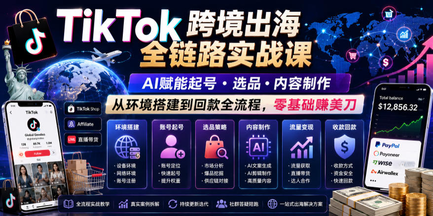 TikTok跨境出海全链路实战课，AI赋能起号・选品・内容制作，从环境搭建到回款全流程，零基础賺美刀-低成本创业项目大全｜短视频带货+AI副业变现｜知行创业网