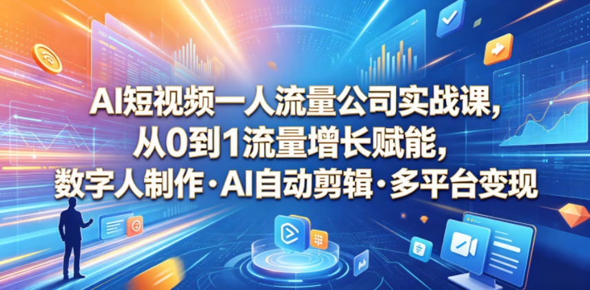 AI短视频一人流量公司实战课，从0到1流量增长赋能，数字人制作・AI自动剪辑・多平台变现，一人做流量生意全落地教程-低成本创业项目大全｜短视频带货+AI副业变现｜知行创业网