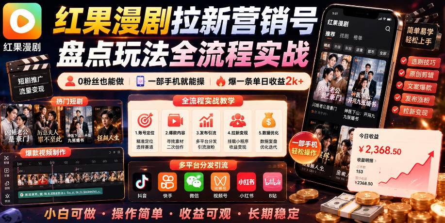 红果漫剧拉新营销号盘点玩法全流程实战,0粉丝也能做,一部手机就能做,爆一条单日收益2k+-低成本创业项目大全|短视频带货+AI副业变现|知行创业网