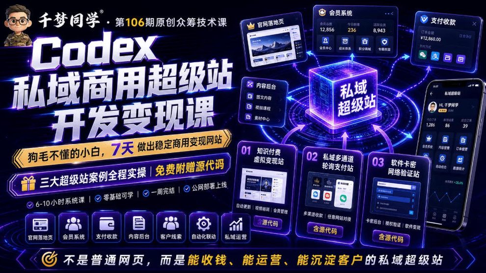 Codex私域商用超级站Ai开发变现课，7天带你从零基础到能自己动手做出能收钱、能运营、能沉淀客户的私域超级站-低成本创业项目大全｜短视频带货+AI副业变现｜知行创业网