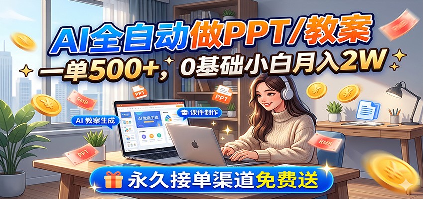 AI全自动做PPT/教案，一单500+，0基础小白月入2W，永久接单渠道免费送-低成本创业项目大全｜短视频带货+AI副业变现｜知行创业网