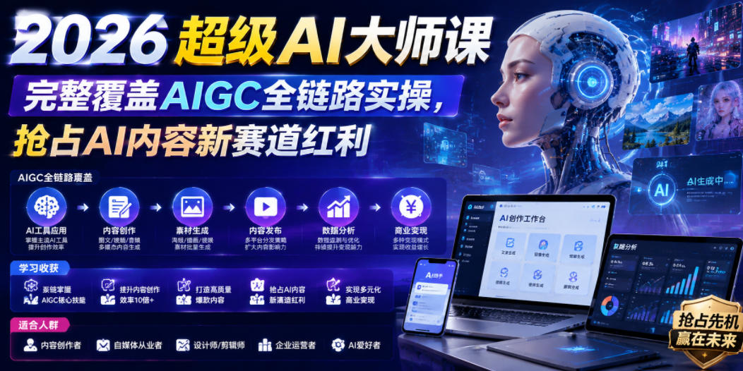2026超级AI大师课，完整覆盖AIGC全链路实操，抢占AI内容新赛道红利-低成本创业项目大全｜短视频带货+AI副业变现｜知行创业网