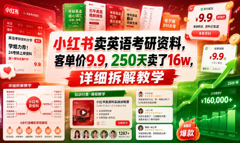 小红书卖英语考研资料，客单价9.9，250天卖了16w，详细拆解教学-低成本创业项目大全｜短视频带货+AI副业变现｜知行创业网
