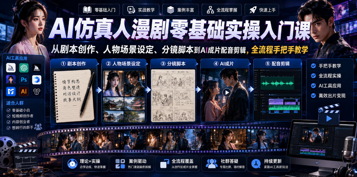 AI仿真人漫剧零基础实操入门课，从剧本创作、人物场景设定、分镜脚本到AI成片配音剪辑，全流程手把手教学-低成本创业项目大全｜短视频带货+AI副业变现｜知行创业网