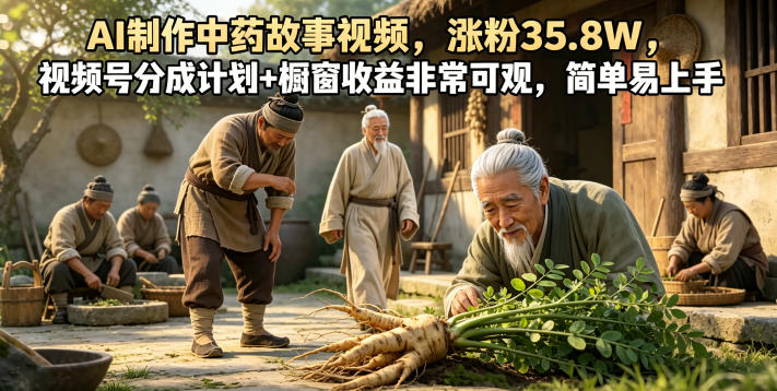 AI制作中药故事视频，涨粉35.8W，视频号分成计划+橱窗收益非常可观，简单易上手-低成本创业项目大全｜短视频带货+AI副业变现｜知行创业网