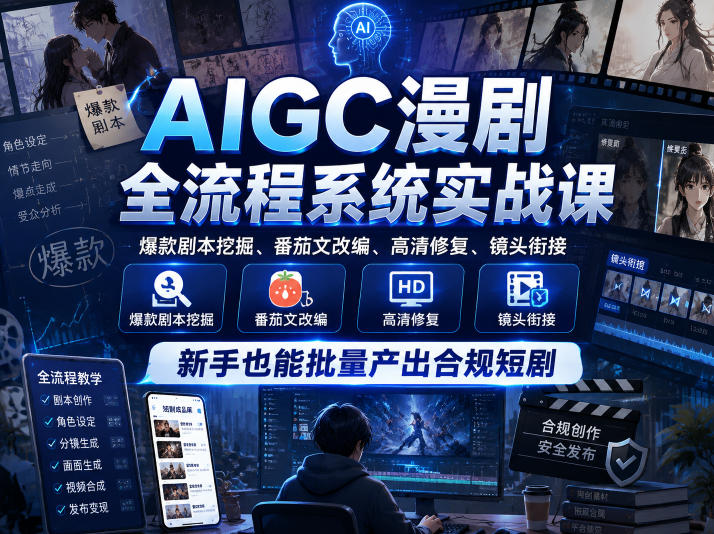 AIGC漫剧全流程系统实战课，爆款剧本挖掘、番茄文改编、高清修复、镜头衔接，新手也能批量产出合规短剧-低成本创业项目大全｜短视频带货+AI副业变现｜知行创业网