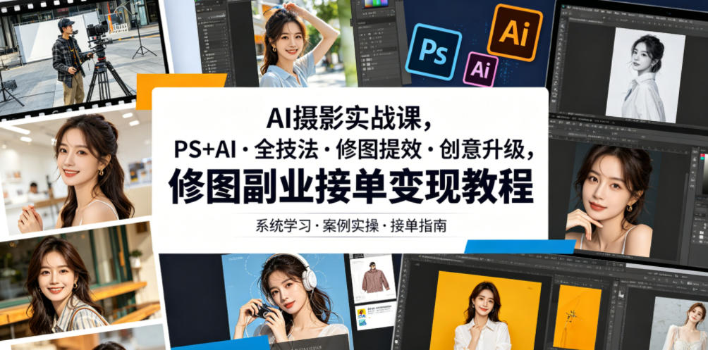 AI摄影实战课，PS+AI・全技法・修图提效・创意升级，修图副业接单变现教程-低成本创业项目大全｜短视频带货+AI副业变现｜知行创业网