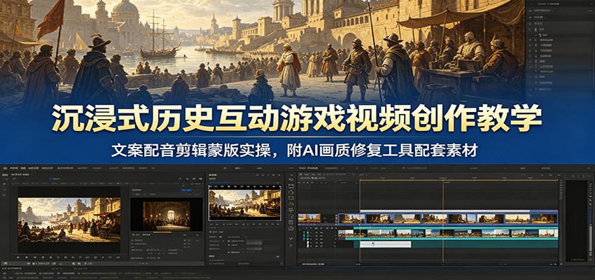 沉浸式历史互动游戏视频创作教学：文案配音剪辑蒙版实操，附AI画质修复工具配套素材-低成本创业项目大全｜短视频带货+AI副业变现｜知行创业网